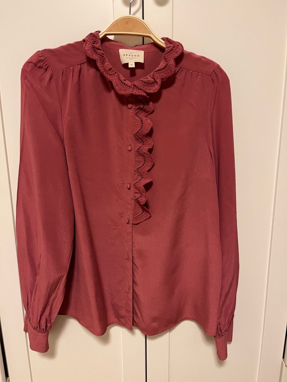 Sezane Ruffled Front Button-Up Blouse in Rosewood